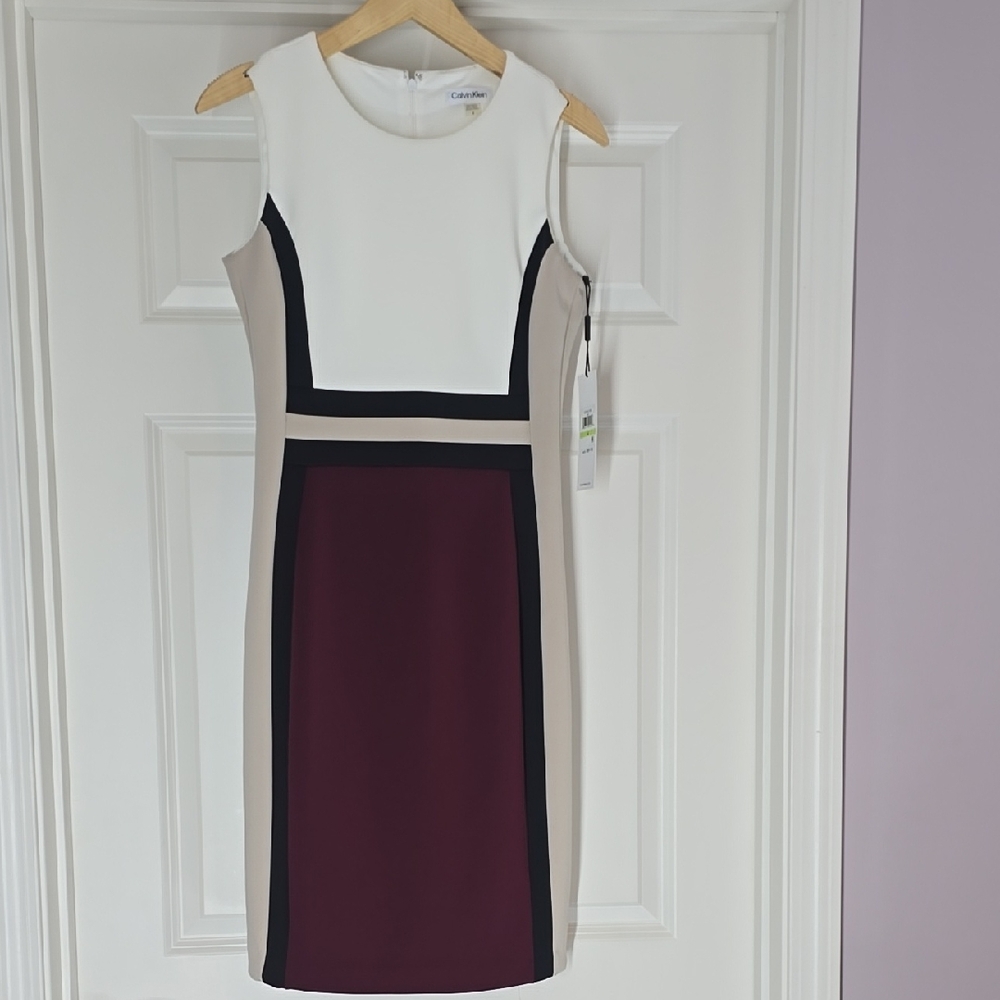 Calvin Klein White and Burgundy Colorblock Midi Dress